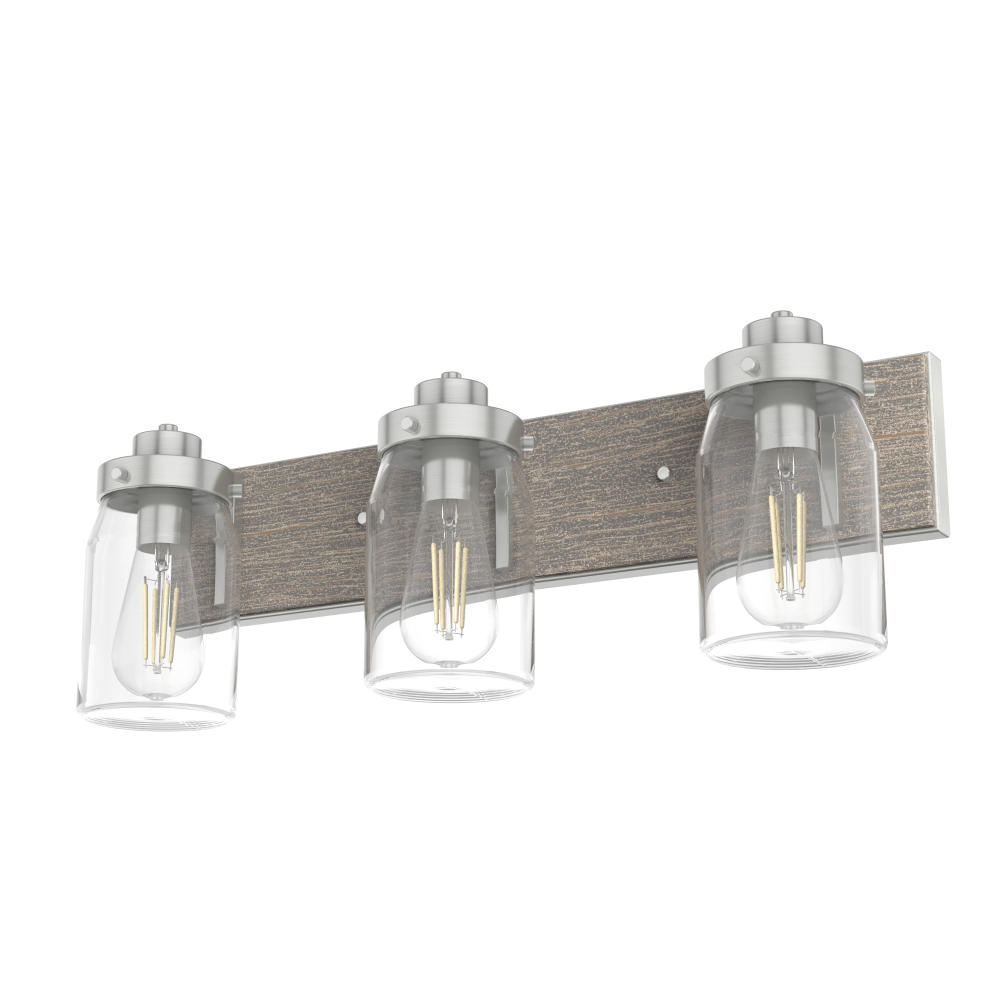 Hunter Devon Park Brushed Nickel and Grey Wood with Clear Glass 3 Light Bathroom Vanity Wall Light F