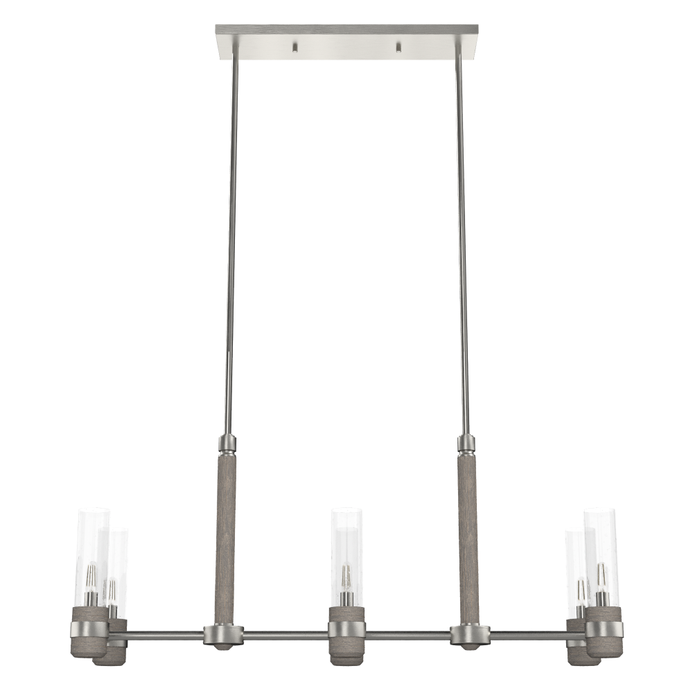 Hunter River Mill Brushed Nickel and Gray Wood with Clear Seeded Glass 6 Light Chandelier Ceiling Li